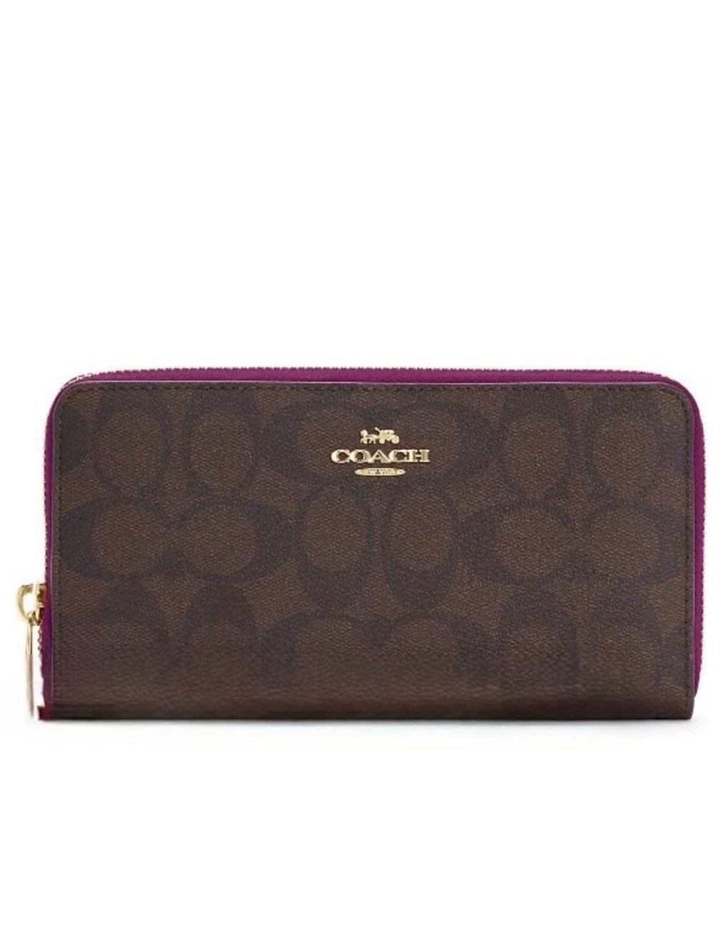 Coach Long Zip Around Leather Wallet In Sig Canvas (Brown / Dark Magenta) - EUC - Picture 2 of 13